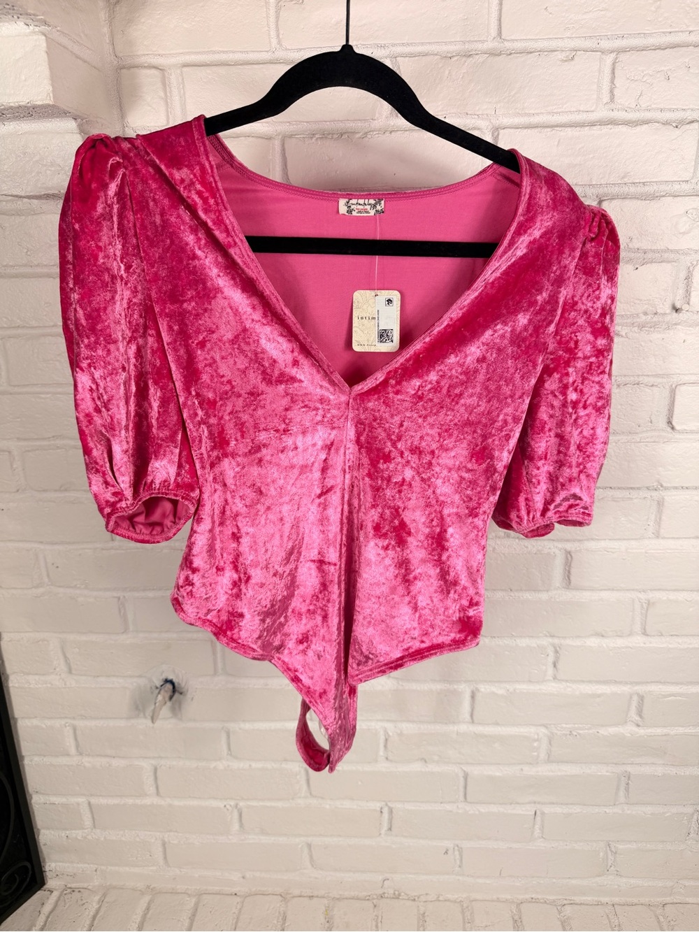 Free People Pink Velvet Puff Sleeve Thong Bodysuit XS Cottagecore Glam